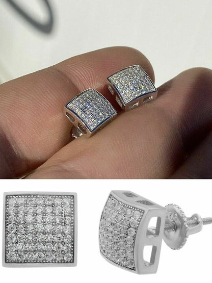 HarlemBling Men Real Solid 925 Sterling Silver Iced Earrings Aretes Para Hombre Plata CZ 9mm