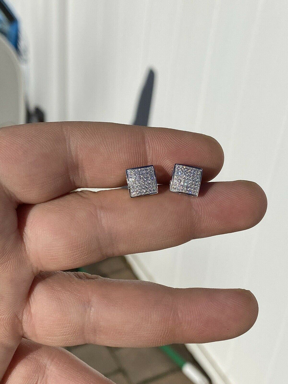 HarlemBling Men Real Solid 925 Sterling Silver Iced Earrings Aretes Para Hombre Plata CZ 9mm