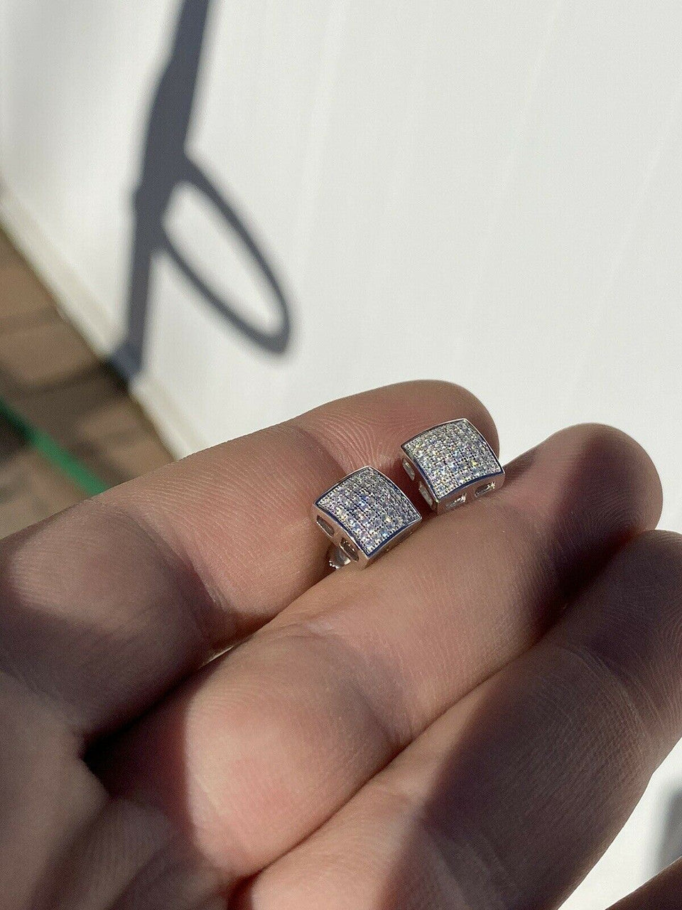 HarlemBling Men Real Solid 925 Sterling Silver Iced Earrings Aretes Para Hombre Plata CZ 9mm