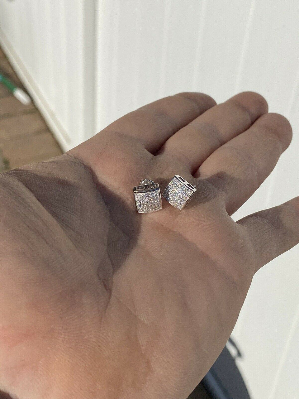 HarlemBling Men Real Solid 925 Sterling Silver Iced Earrings Aretes Para Hombre Plata CZ 9mm