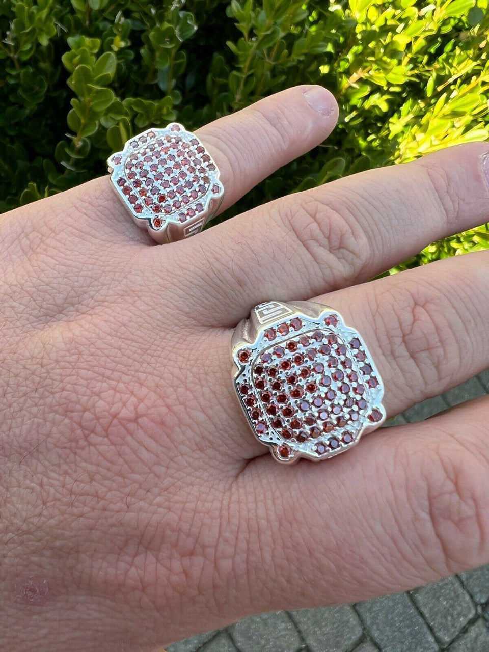 HarlemBling Men Real Solid 925 Sterling Silver Iced Red Ruby Ring HipHop Pinky Or Any Finger