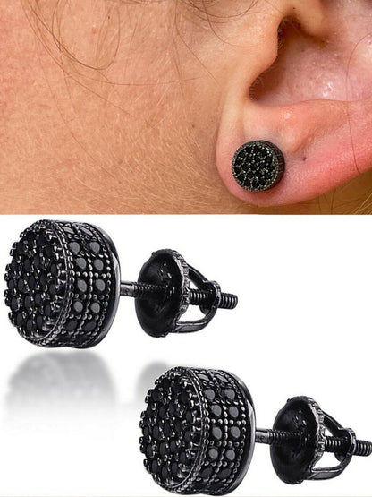 HarlemBling Men Real Solid 925 Sterling Silver Round Cluster Earrings Black Diamond Studs