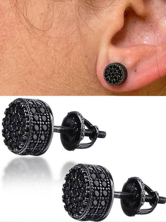 HarlemBling Men Real Solid 925 Sterling Silver Round Cluster Earrings Black Diamond Studs