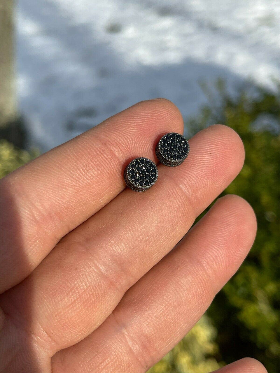 HarlemBling Men Real Solid 925 Sterling Silver Round Cluster Earrings Black Diamond Studs