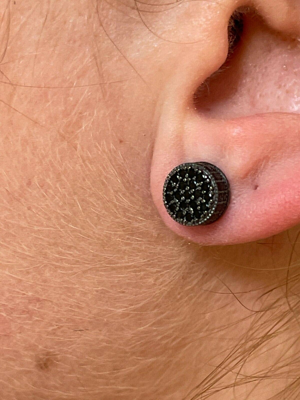 HarlemBling Men Real Solid 925 Sterling Silver Round Cluster Earrings Black Diamond Studs