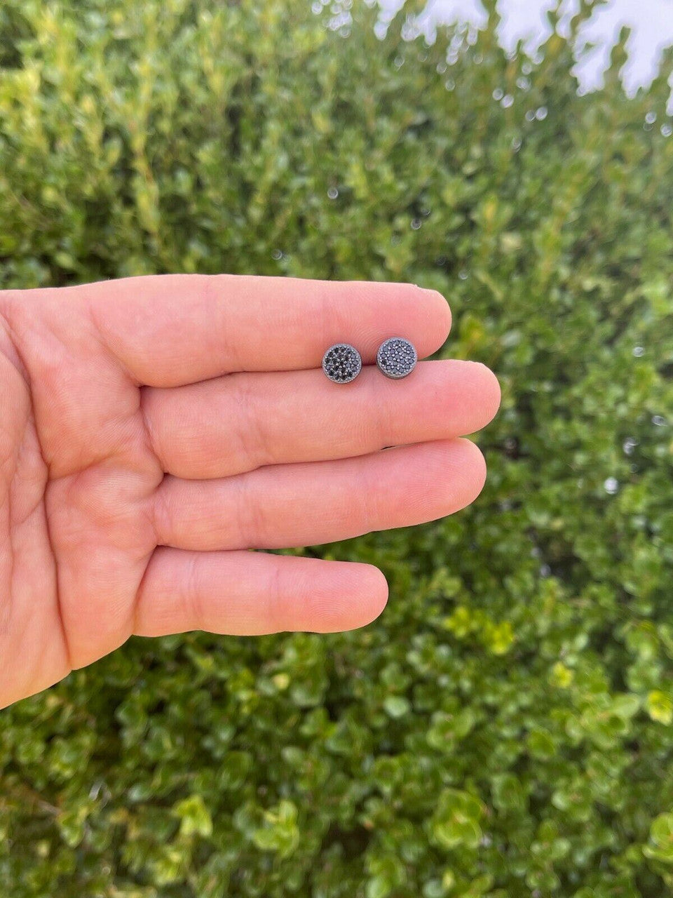 HarlemBling Men Real Solid 925 Sterling Silver Round Cluster Earrings Black Diamond Studs