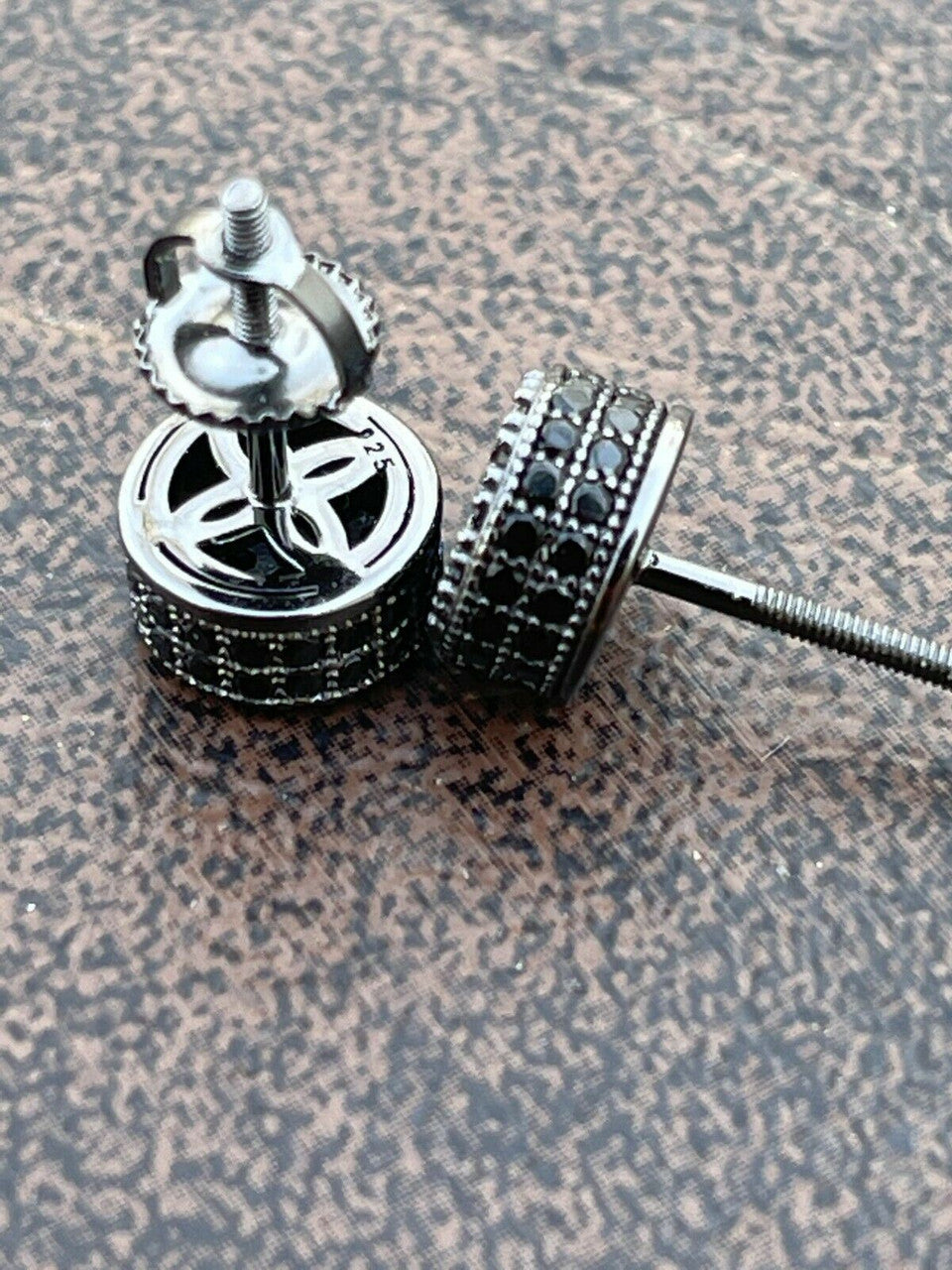 HarlemBling Men Real Solid 925 Sterling Silver Round Cluster Earrings Black Diamond Studs