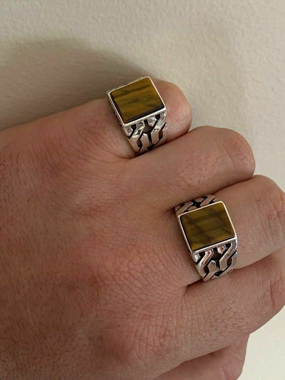 HarlemBling Men Real Solid 925 Sterling Silver Tigers Eye Ring Size 7-13 Pinky Oxidized