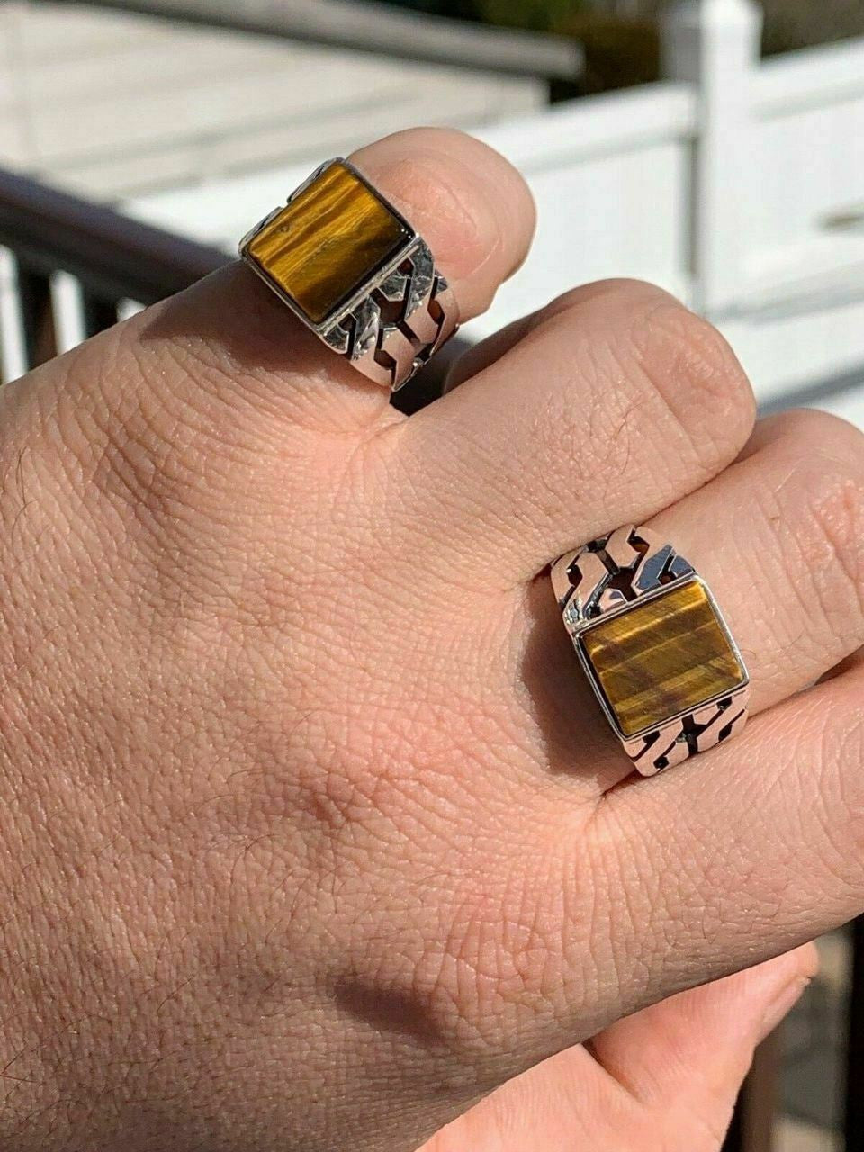 HarlemBling Men Real Solid 925 Sterling Silver Tigers Eye Ring Size 7-13 Pinky Oxidized