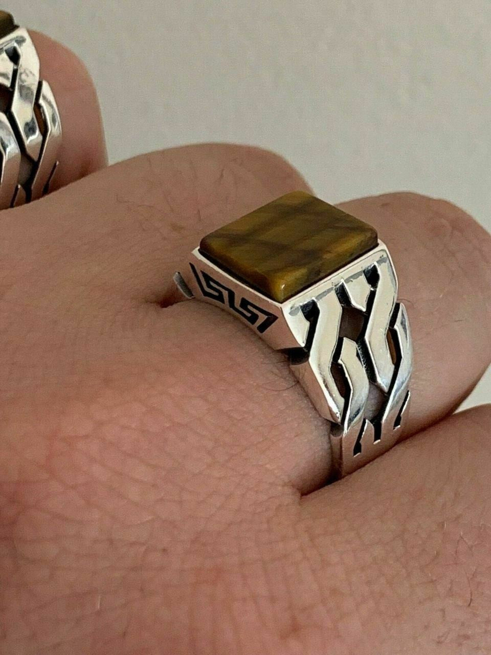 HarlemBling Men Real Solid 925 Sterling Silver Tigers Eye Ring Size 7-13 Pinky Oxidized