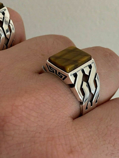 HarlemBling Men Real Solid 925 Sterling Silver Tigers Eye Ring Size 7-13 Pinky Oxidized