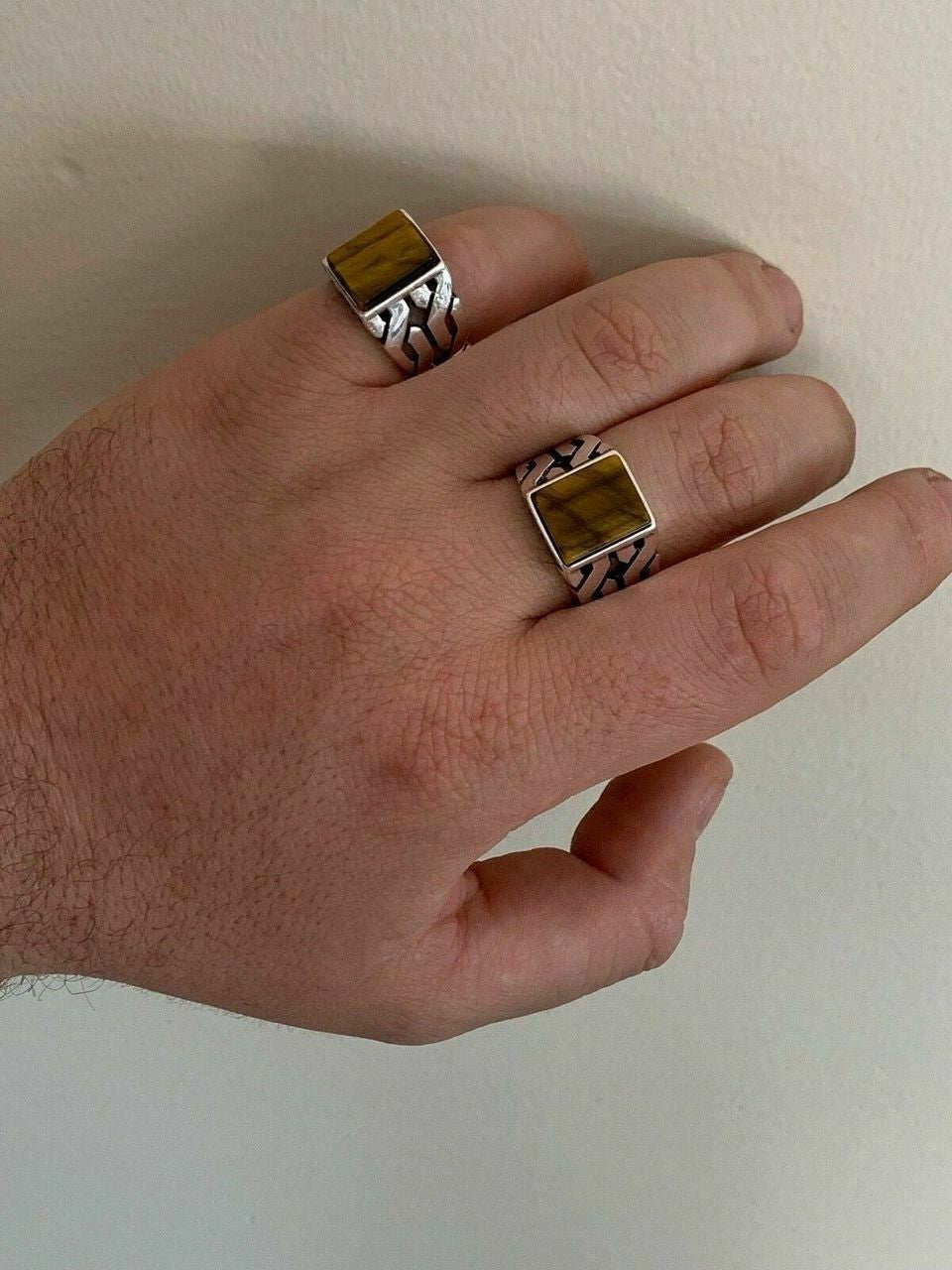 HarlemBling Men Real Solid 925 Sterling Silver Tigers Eye Ring Size 7-13 Pinky Oxidized