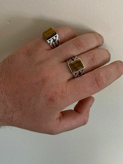 HarlemBling Men Real Solid 925 Sterling Silver Tigers Eye Ring Size 7-13 Pinky Oxidized