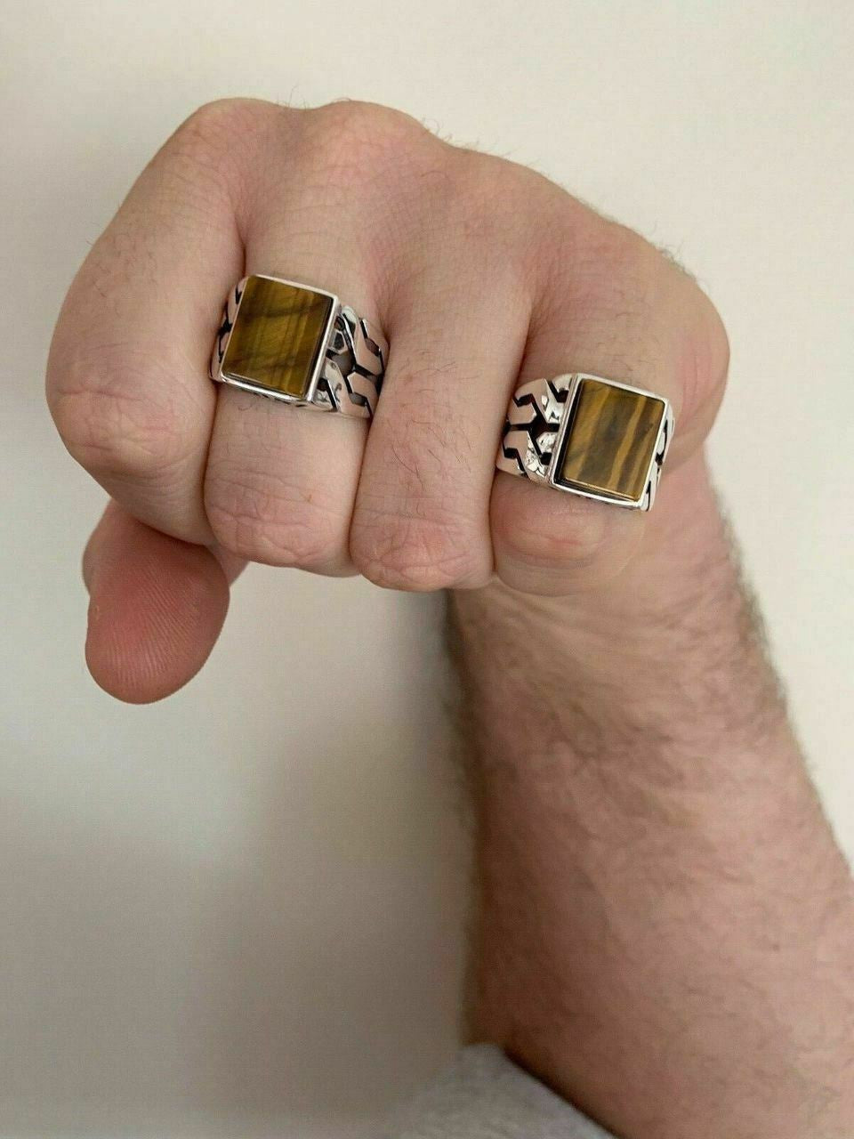 HarlemBling Men Real Solid 925 Sterling Silver Tigers Eye Ring Size 7-13 Pinky Oxidized