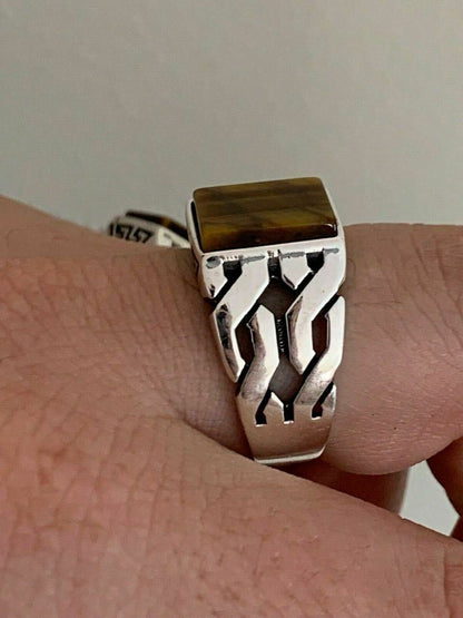 HarlemBling Men Real Solid 925 Sterling Silver Tigers Eye Ring Size 7-13 Pinky Oxidized