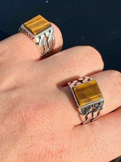 HarlemBling Men Real Solid 925 Sterling Silver Tigers Eye Ring Size 7-13 Pinky Oxidized