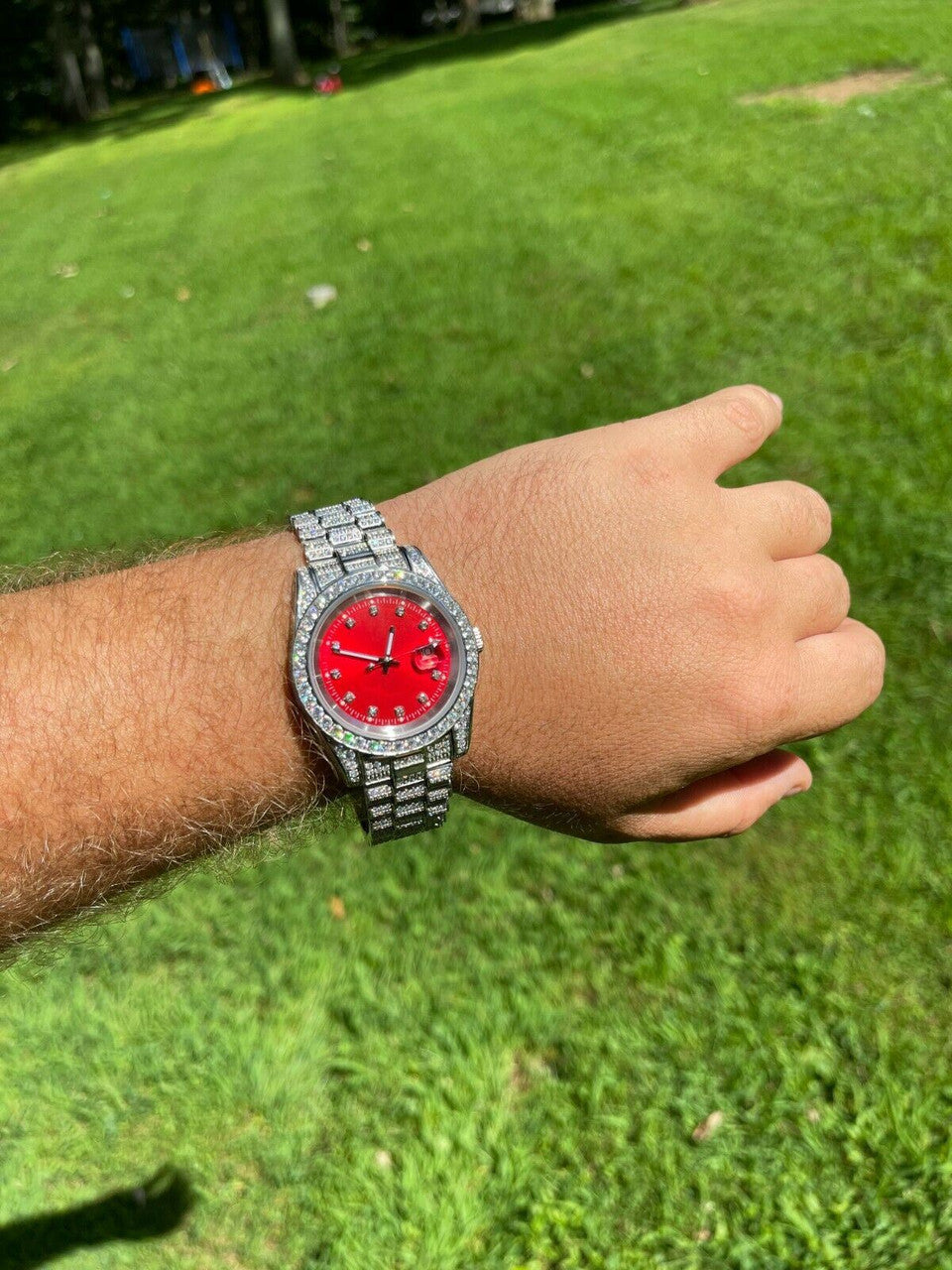 Men Red Dial Presidential Real SS 41mm Watch Fully Iced 12ct