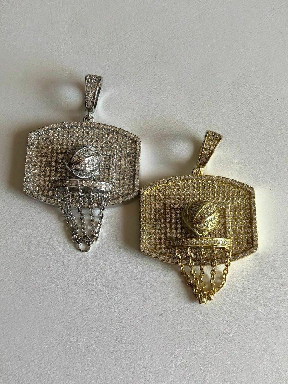 HarlemBling Men Solid 925 Silver Basketball W Hoop Diamond Pendant W Chain 14k Gold ICED