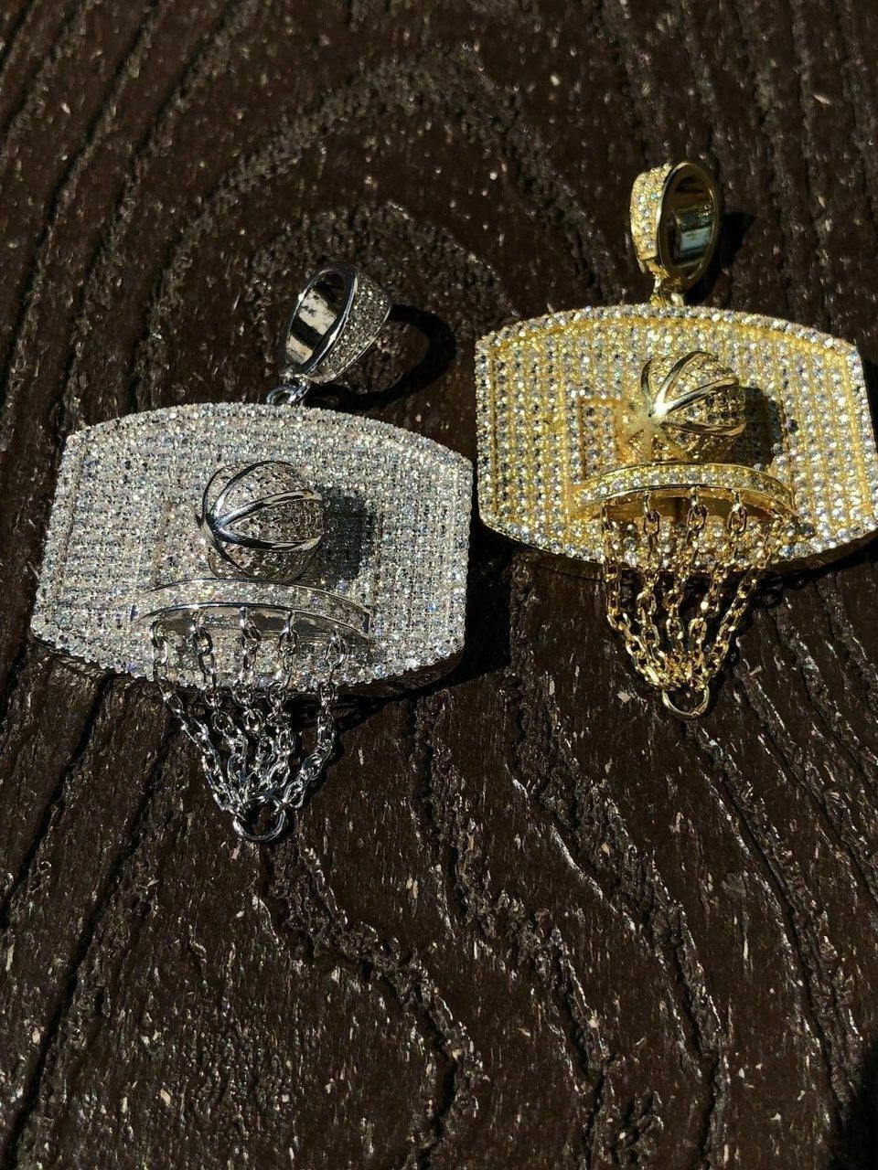 HarlemBling Men Solid 925 Silver Basketball W Hoop Diamond Pendant W Chain 14k Gold ICED