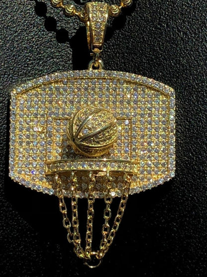 HarlemBling Men Solid 925 Silver Basketball W Hoop Diamond Pendant W Chain 14k Gold ICED