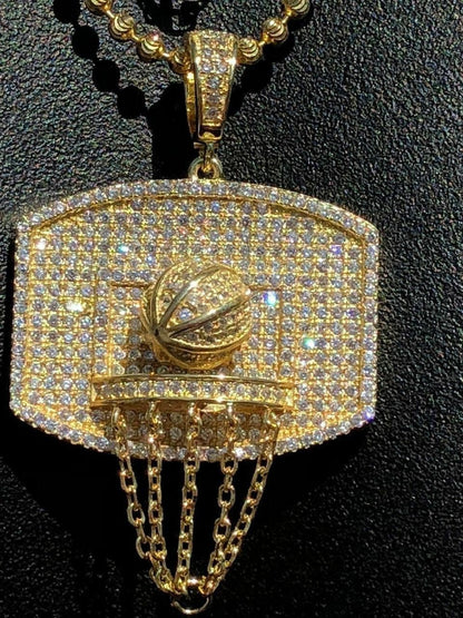 HarlemBling Men Solid 925 Silver Basketball W Hoop Diamond Pendant W Chain 14k Gold ICED