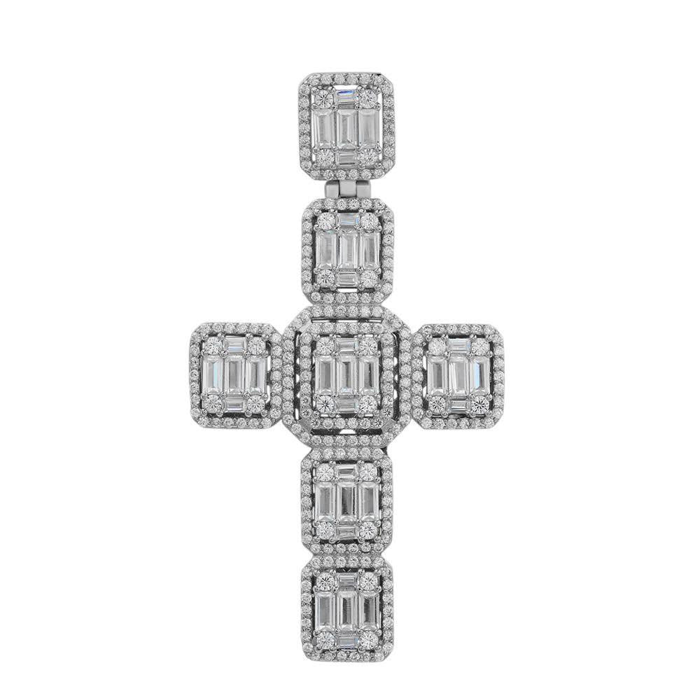 HarlemBling Men‚Äôs Real Solid 925 Silver Mens Large Iced Baguette Diamond Cross Necklace 2"
