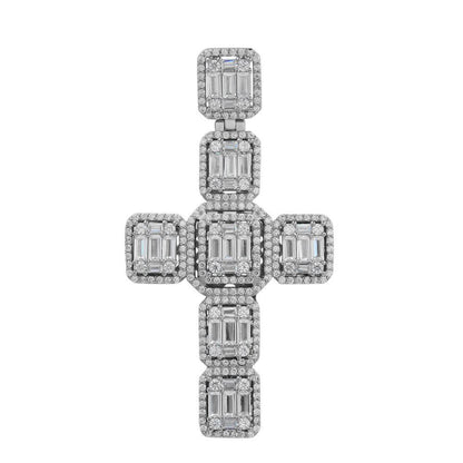 HarlemBling Men‚Äôs Real Solid 925 Silver Mens Large Iced Baguette Diamond Cross Necklace 2"