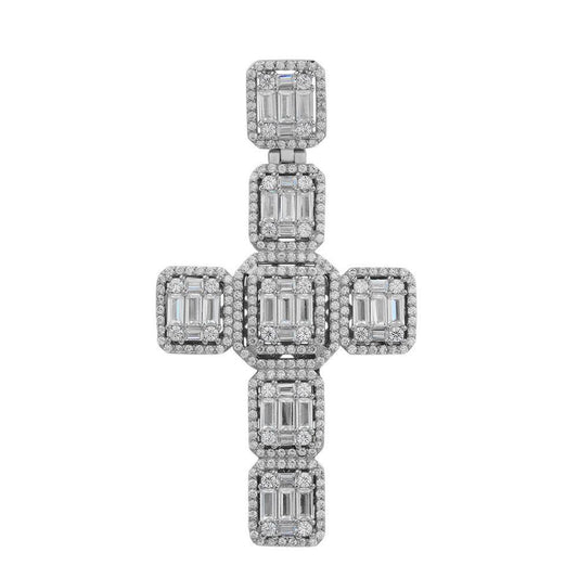 HarlemBling Men‚Äôs Real Solid 925 Silver Mens Large Iced Baguette Diamond Cross Necklace 2"
