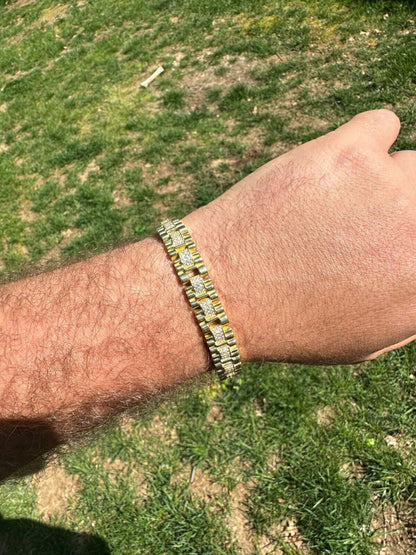 HarlemBling Mens 10mm Iced Presidential Bracelet Real 14K Gold Plated 925 Silver Flooded Out