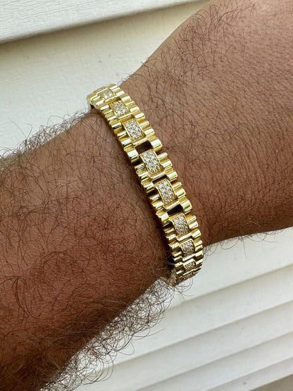 HarlemBling Mens 10mm Iced Presidential Bracelet Real 14K Gold Plated 925 Silver Flooded Out