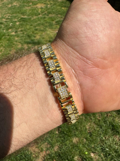 HarlemBling Mens 10mm Iced Presidential Bracelet Real 14K Gold Plated 925 Silver Flooded Out