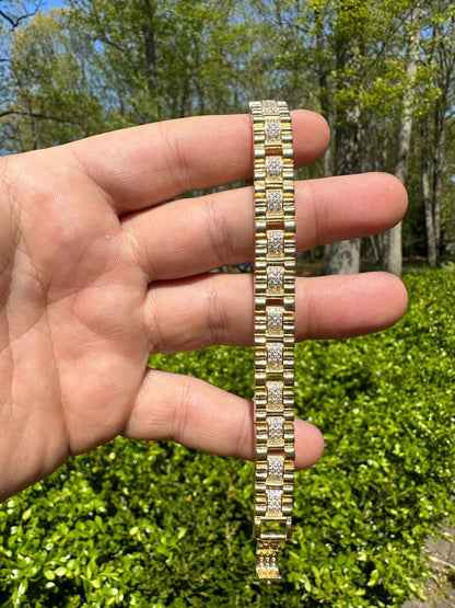 HarlemBling Mens 10mm Iced Presidential Bracelet Real 14K Gold Plated 925 Silver Flooded Out