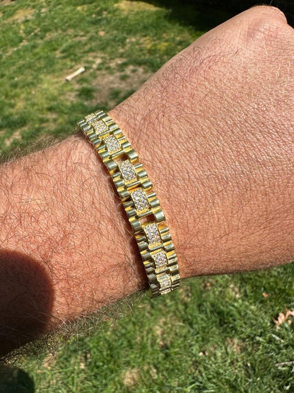 HarlemBling Mens 10mm Iced Presidential Bracelet Real 14K Gold Plated 925 Silver Flooded Out