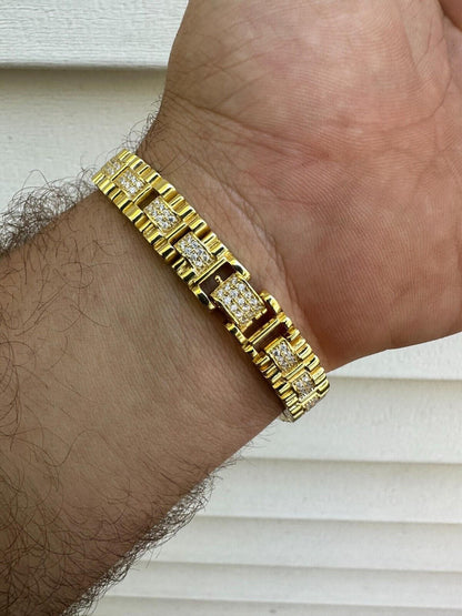 HarlemBling Mens 10mm Iced Presidential Bracelet Real 14K Gold Plated 925 Silver Flooded Out