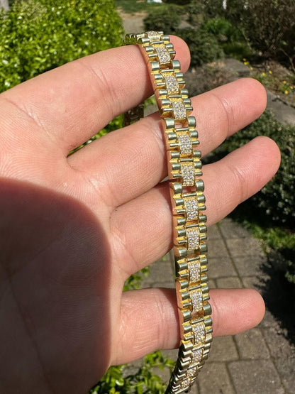 HarlemBling Mens 10mm Iced Presidential Bracelet Real 14K Gold Plated 925 Silver Flooded Out