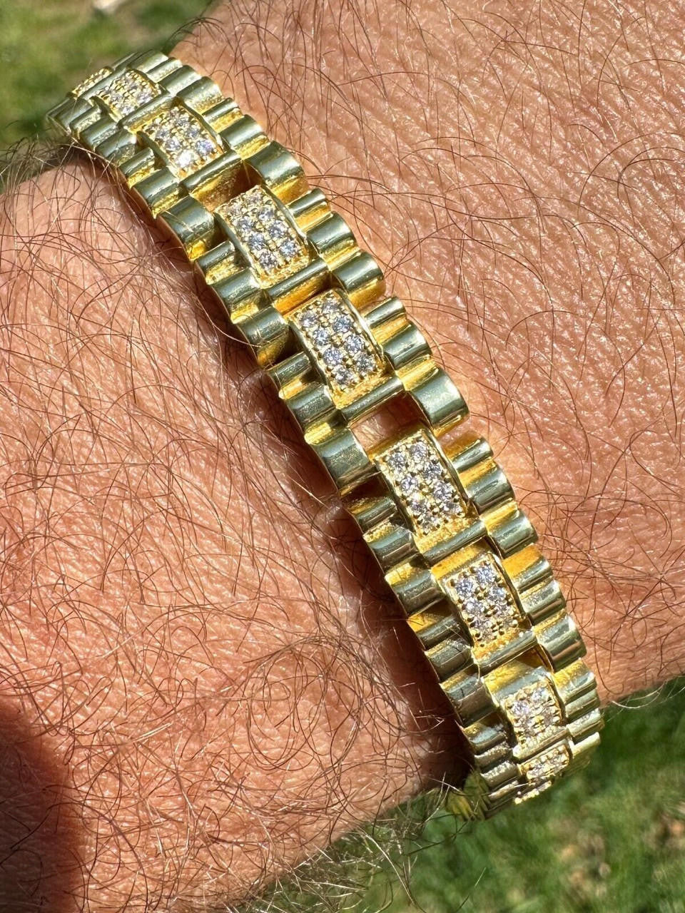 HarlemBling Mens 10mm Iced Presidential Bracelet Real 14K Gold Plated 925 Silver Flooded Out