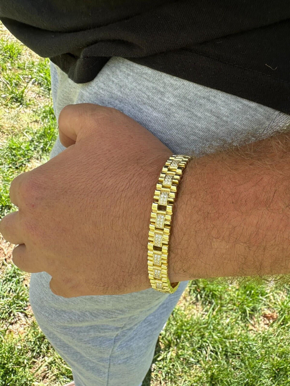 HarlemBling Mens 10mm Iced Presidential Bracelet Real 14K Gold Plated 925 Silver Flooded Out