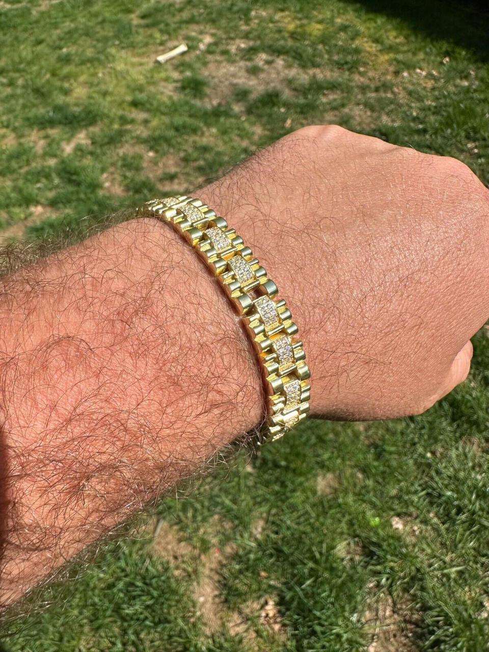 HarlemBling Mens 10mm Iced Presidential Bracelet Real 14K Gold Plated 925 Silver Flooded Out