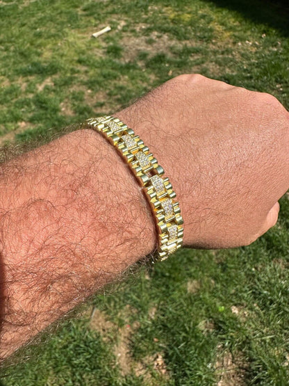 HarlemBling Mens 10mm Iced Presidential Bracelet Real 14K Gold Plated 925 Silver Flooded Out