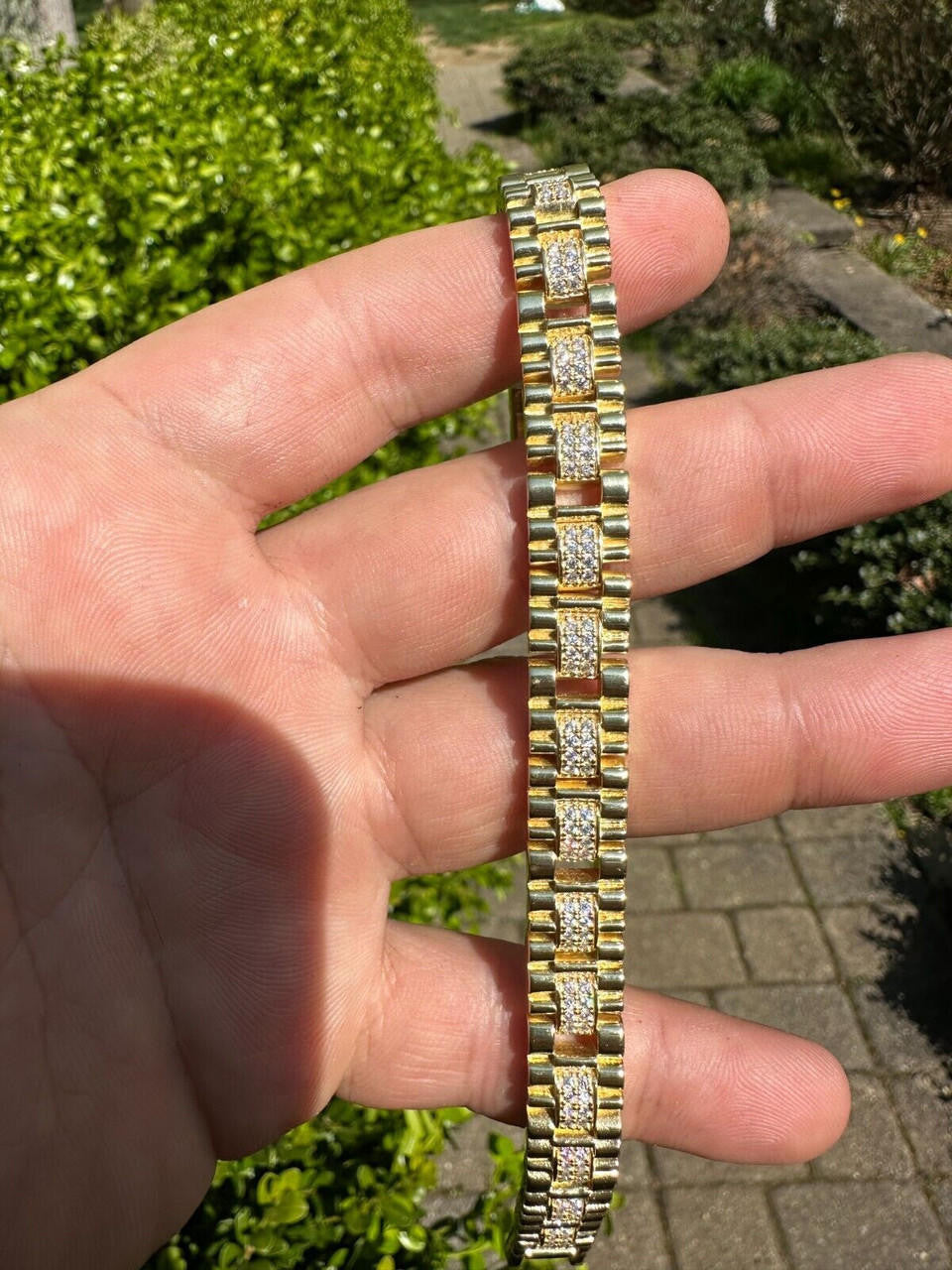 HarlemBling Mens 10mm Iced Presidential Bracelet Real 14K Gold Plated 925 Silver Flooded Out