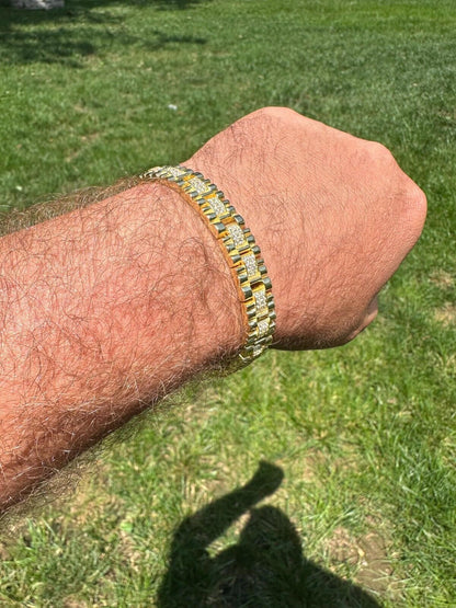 HarlemBling Mens 10mm Iced Presidential Bracelet Real 14K Gold Plated 925 Silver Flooded Out