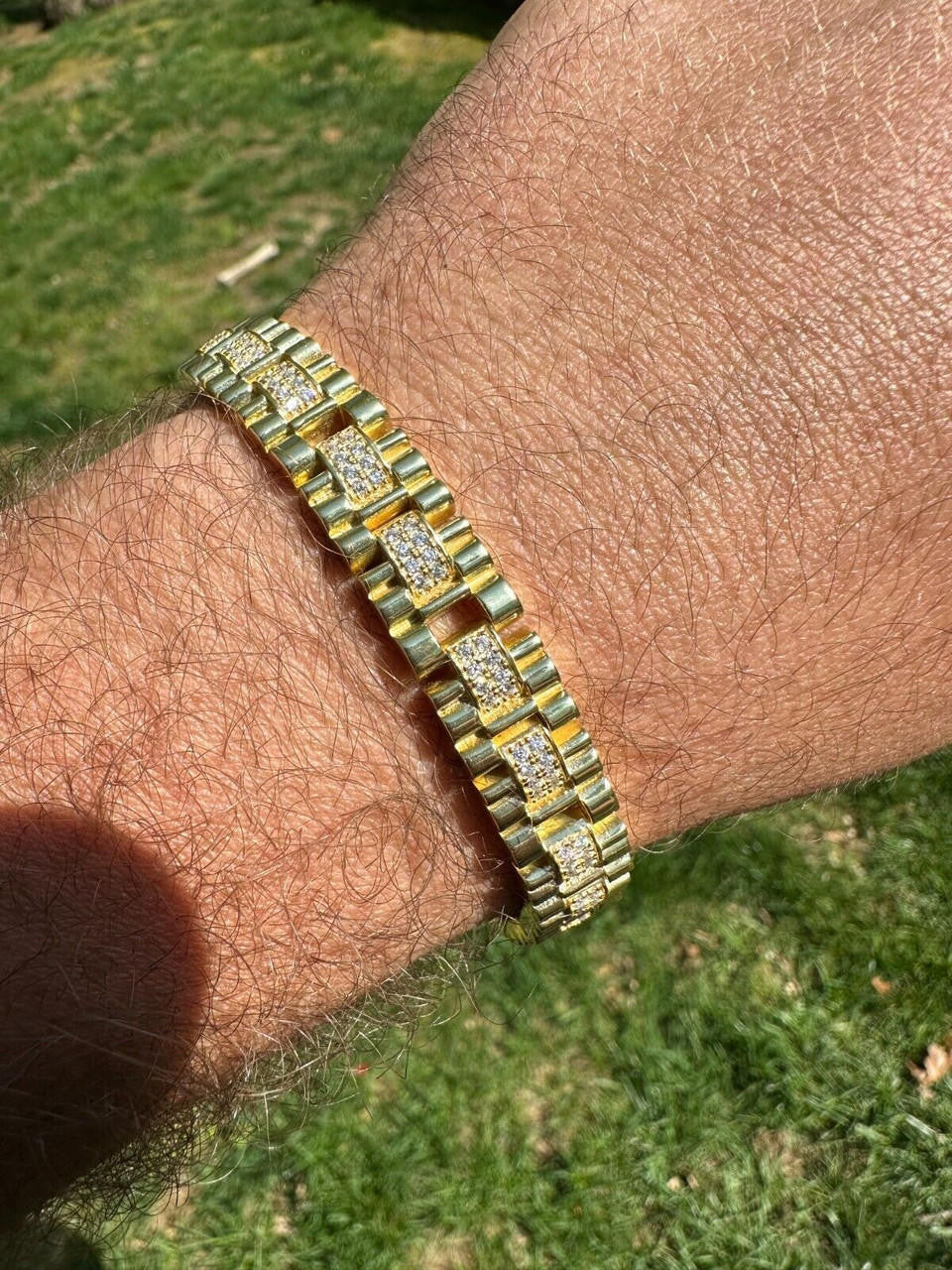 HarlemBling Mens 10mm Iced Presidential Bracelet Real 14K Gold Plated 925 Silver Flooded Out