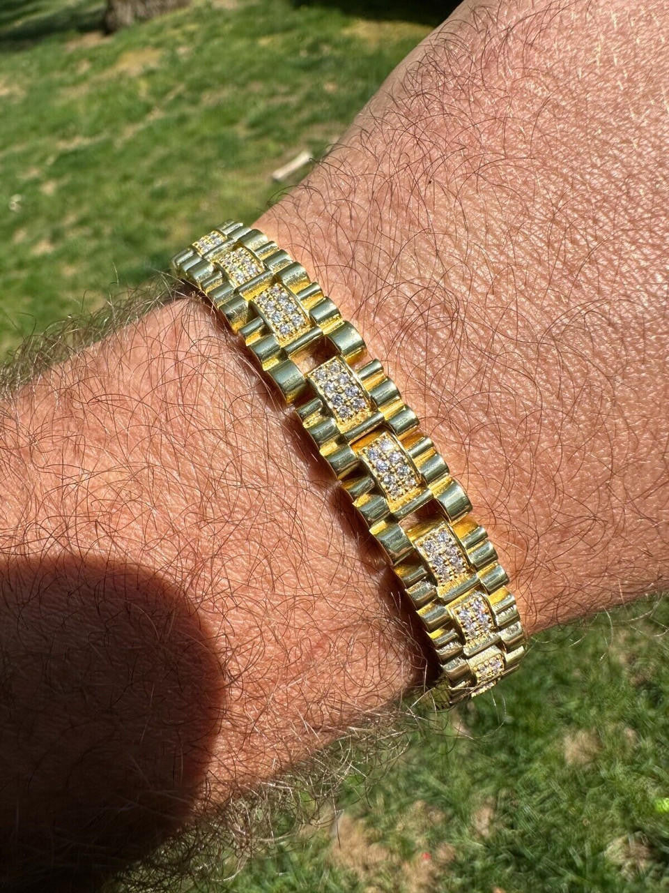 HarlemBling Mens 10mm Iced Presidential Bracelet Real 14K Gold Plated 925 Silver Flooded Out