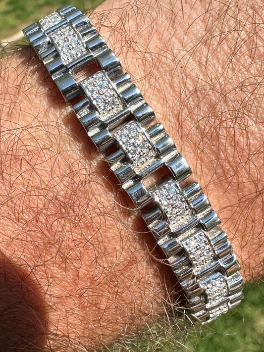 HarlemBling Mens 10mm Iced Presidential Bracelet Real 925 Sterling Silver Flooded Out HipHop