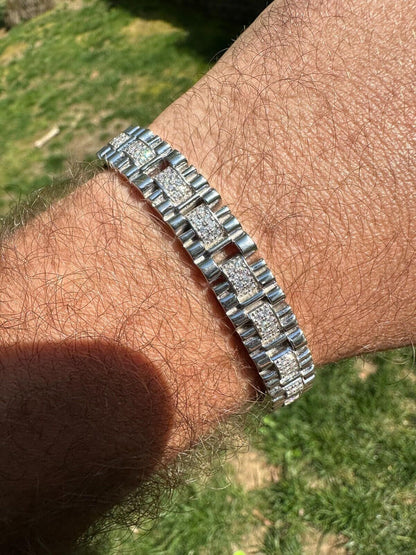 HarlemBling Mens 10mm Iced Presidential Bracelet Real 925 Sterling Silver Flooded Out HipHop