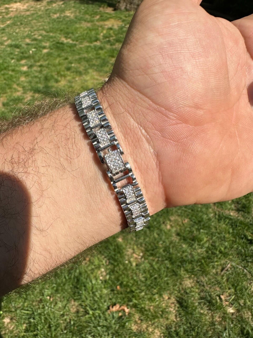 HarlemBling Mens 10mm Iced Presidential Bracelet Real 925 Sterling Silver Flooded Out HipHop