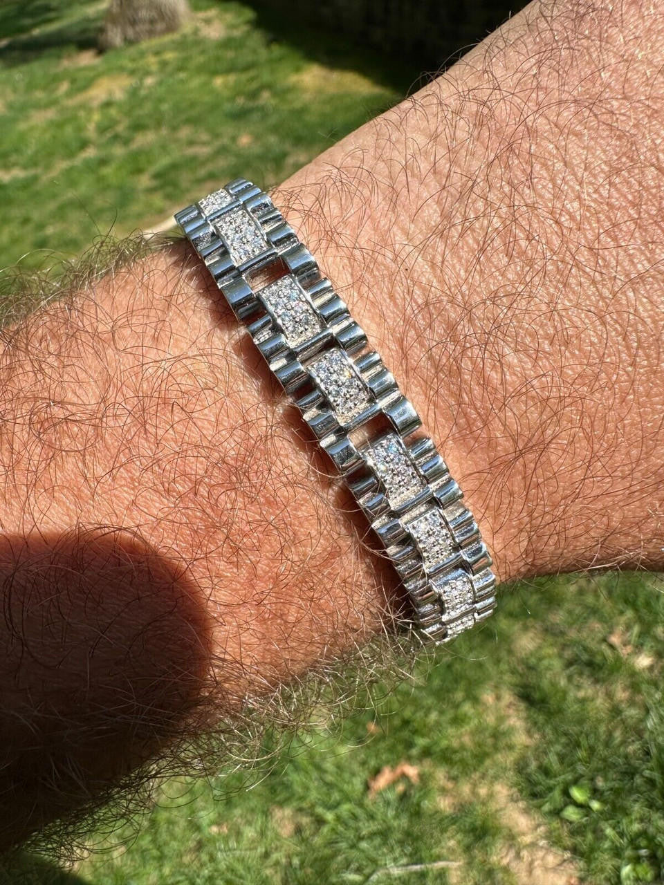 HarlemBling Mens 10mm Iced Presidential Bracelet Real 925 Sterling Silver Flooded Out HipHop