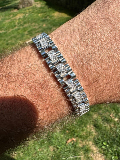 HarlemBling Mens 10mm Iced Presidential Bracelet Real 925 Sterling Silver Flooded Out HipHop