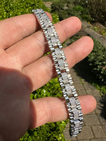 HarlemBling Mens 10mm Iced Presidential Bracelet Real 925 Sterling Silver Flooded Out HipHop