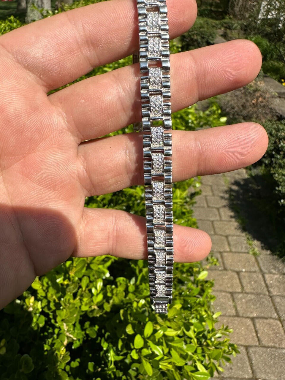 HarlemBling Mens 10mm Iced Presidential Bracelet Real 925 Sterling Silver Flooded Out HipHop